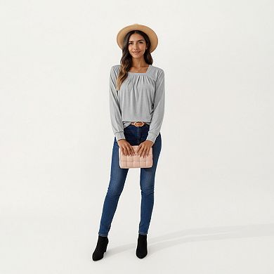Women's Long Sleeve Square Neck Top with Front Pleat Detailing and Relaxed Fit
