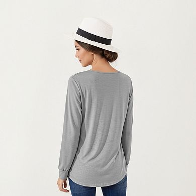 Women's Long Sleeve Square Neck Top with Front Pleat Detailing and Relaxed Fit