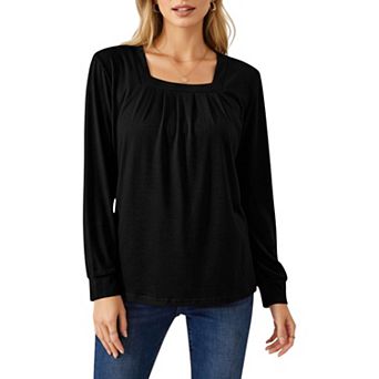 Women's Long Sleeve Square Neck Top with Front Pleat Detailing and Relaxed Fit