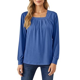 Women's Long Sleeve Square Neck Top with Front Pleat Detailing and Relaxed Fit