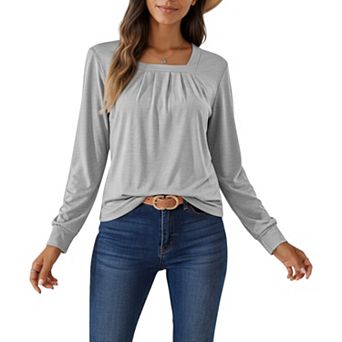 Women's Long Sleeve Square Neck Top with Front Pleat Detailing and Relaxed Fit