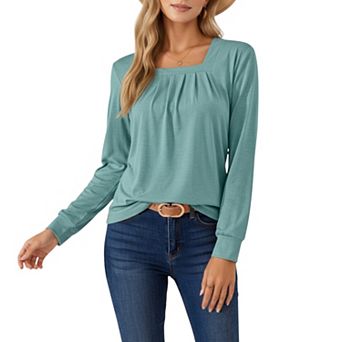 Women's Long Sleeve Square Neck Top with Front Pleat Detailing and Relaxed Fit