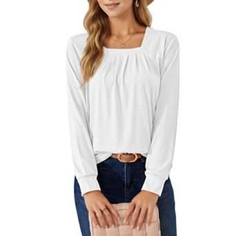 Women's Long Sleeve Square Neck Top with Front Pleat Detailing and Relaxed Fit