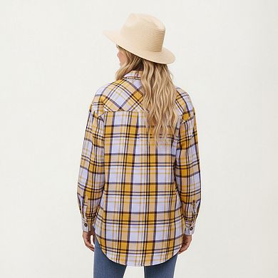 Women's Long Sleeve Plaid Button-Up Shirt with Front Pockets and Relaxed Fit
