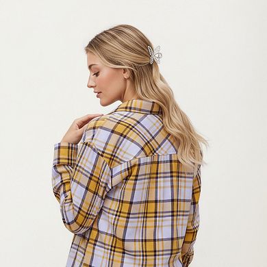 Women's Long Sleeve Plaid Button-Up Shirt with Front Pockets and Relaxed Fit