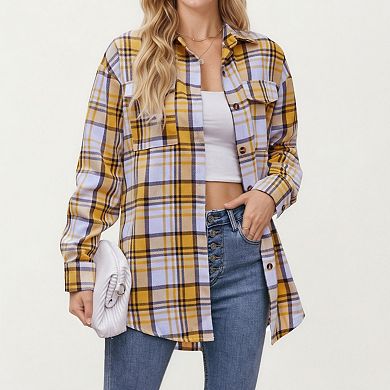Women's Long Sleeve Plaid Button-Up Shirt with Front Pockets and Relaxed Fit