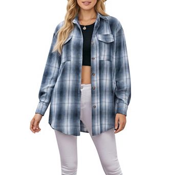 Women's Long Sleeve Plaid Button-Up Shirt with Front Pockets and Relaxed Fit