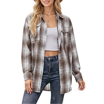 Women's Long Sleeve Plaid Button-Up Shirt with Front Pockets and Relaxed Fit