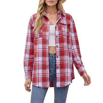 Women's Long Sleeve Plaid Button-Up Shirt with Front Pockets and Relaxed Fit