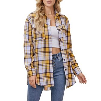 Women's Long Sleeve Plaid Button-Up Shirt with Front Pockets and Relaxed Fit