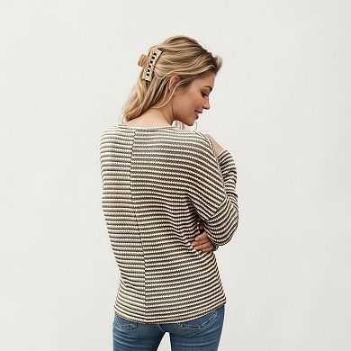 Women's Long Sleeve Textured Knit Pullover Top with Split Neck and Relaxed Fit