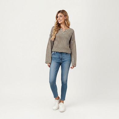 Women's Long Sleeve Textured Knit Pullover Top with Split Neck and Relaxed Fit