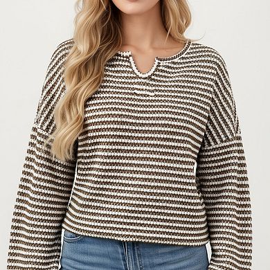 Women's Long Sleeve Textured Knit Pullover Top with Split Neck and Relaxed Fit