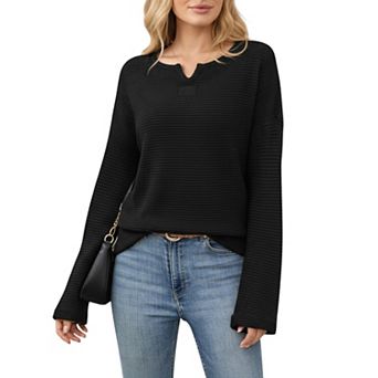 Women's Long Sleeve Textured Knit Pullover Top with Split Neck and Relaxed Fit