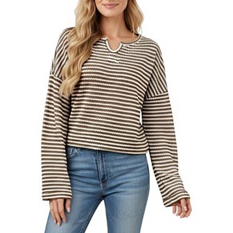Women's Long Sleeve Textured Knit Pullover Top with Split Neck and Relaxed Fit