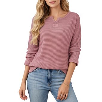 Women's Long Sleeve Textured Knit Pullover Top with Split Neck and Relaxed Fit
