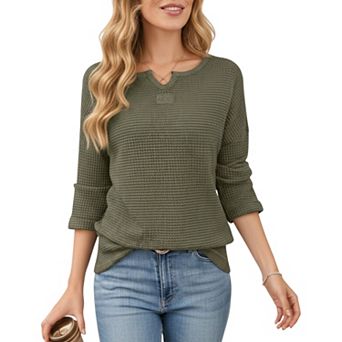 Women's Long Sleeve Textured Knit Pullover Top with Split Neck and Relaxed Fit