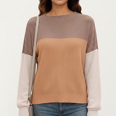 Women's Long Sleeve Colorblock Pullover Top with Crew Neck and Relaxed Fit