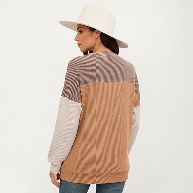 Women's Long Sleeve Colorblock Pullover Top with Crew Neck and Relaxed Fit