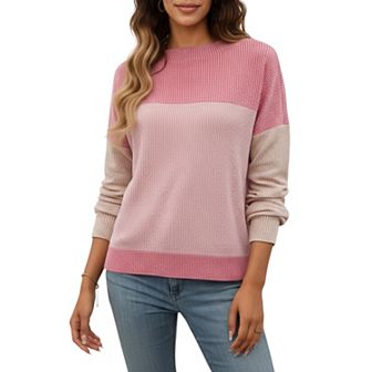 Women's Long Sleeve Colorblock Pullover Top with Crew Neck and Relaxed Fit