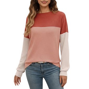 Women's Long Sleeve Colorblock Pullover Top with Crew Neck and Relaxed Fit