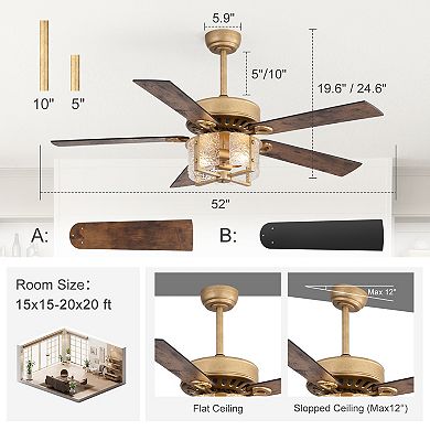 52-Inch ceiling fan, bulb holders, DC motor, 5&10" downrods, 6-speed remote