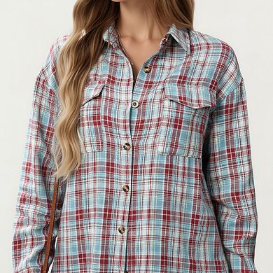 Women's Long Sleeve Plaid Button-Up Shirt with Chest Pockets