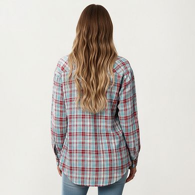 Women's Long Sleeve Plaid Button-Up Shirt with Chest Pockets
