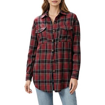 Women's Long Sleeve Plaid Button-Up Shirt with Chest Pockets
