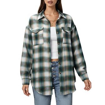 Women's Long Sleeve Plaid Button-Up Shirt with Chest Pockets