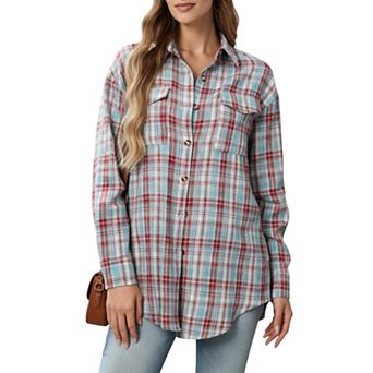 Women's Long Sleeve Plaid Button-Up Shirt with Chest Pockets