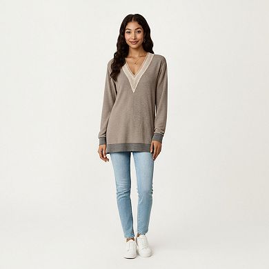 Women's Long Sleeve V-Neck Top with Contrast Crochet Trim and Relaxed Hem