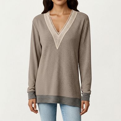 Women's Long Sleeve V-Neck Top with Contrast Crochet Trim and Relaxed Hem