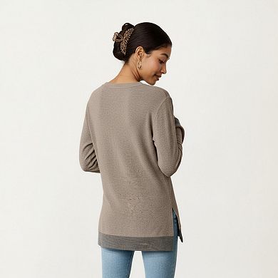 Women's Long Sleeve V-Neck Top with Contrast Crochet Trim and Relaxed Hem