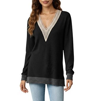 Women's Long Sleeve V-Neck Top with Contrast Crochet Trim and Relaxed Hem