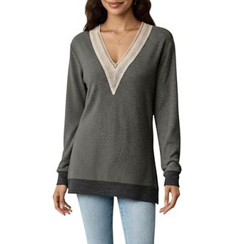 Women's Long Sleeve V-Neck Top with Contrast Crochet Trim and Relaxed Hem