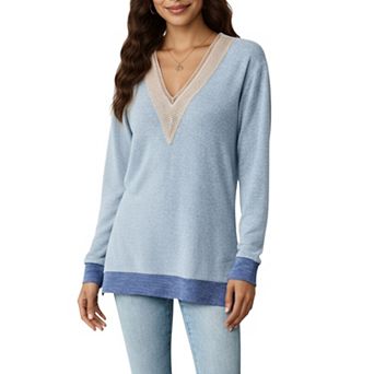 Women's Long Sleeve V-Neck Top with Contrast Crochet Trim and Relaxed Hem