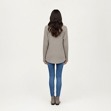 Women's Long Sleeve Ribbed Knit Top with Button Front Detail and Curved Hem