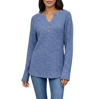 Women's Long Sleeve Ribbed Knit Top with Button Front Detail and Curved Hem