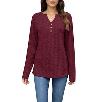 Women's Long Sleeve Ribbed Knit Top with Button Front Detail and Curved Hem