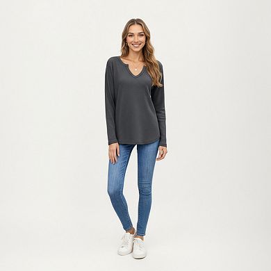 Women's Long Sleeve Waffle Knit Top with Notch V-Neckline and Relaxed Fit