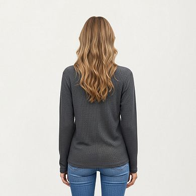 Women's Long Sleeve Waffle Knit Top with Notch V-Neckline and Relaxed Fit
