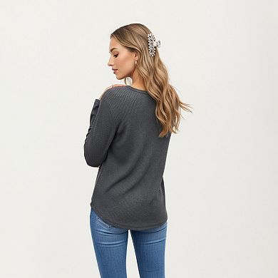 Women's Long Sleeve Waffle Knit Top with Notch V-Neckline and Relaxed Fit