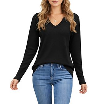 Women's Long Sleeve Waffle Knit Top with Notch V-Neckline and Relaxed Fit