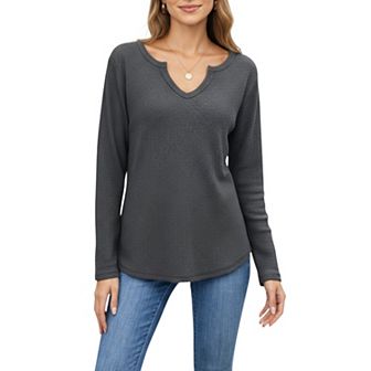 Women's Long Sleeve Waffle Knit Top with Notch V-Neckline and Relaxed Fit