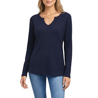 Women's Long Sleeve Waffle Knit Top with Notch V-Neckline and Relaxed Fit