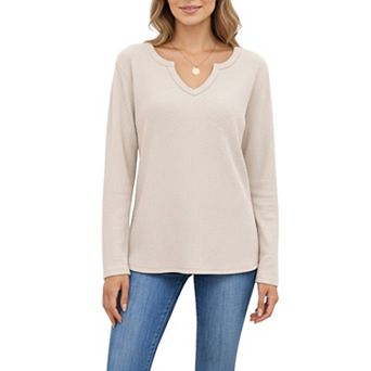 Women's Long Sleeve Waffle Knit Top with Notch V-Neckline and Relaxed Fit