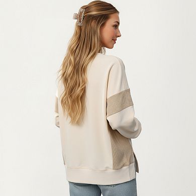 Women's Crew Neck Long Sleeve Pullover Top with Colorblock Sleeve Detail