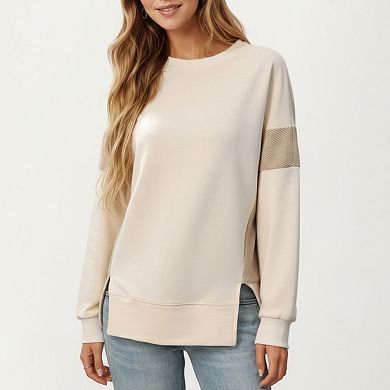 Women's Crew Neck Long Sleeve Pullover Top with Colorblock Sleeve Detail