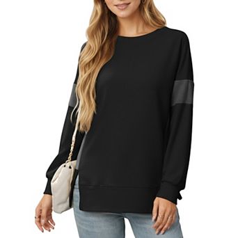 Women's Crew Neck Long Sleeve Pullover Top with Colorblock Sleeve Detail